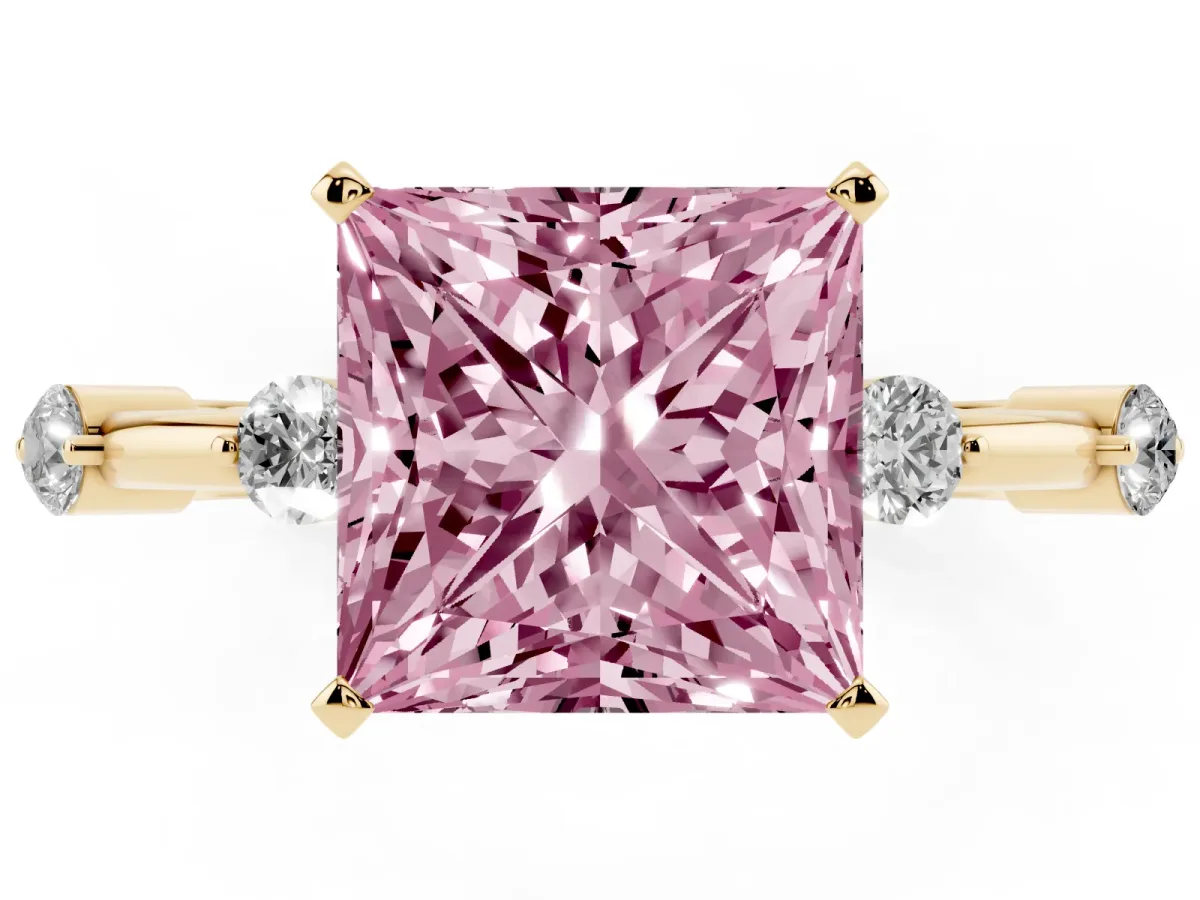 Fancy Pink Princess Cut Solitaire Diamond Ring with Bezel Set Side Stones and Prong Setting Yellow gold