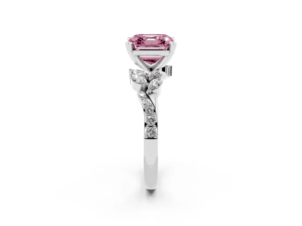 Fancy Pink Asscher Cut Solitaire Marquise Twist Band with Six-Prong Setting White gold