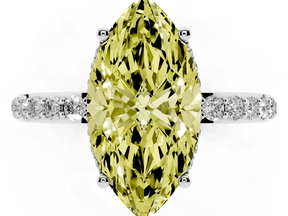 Fancy Yellow Marquise Cut Diamond Solitaire Ring with Pavé Band and Hidden Halo Silver