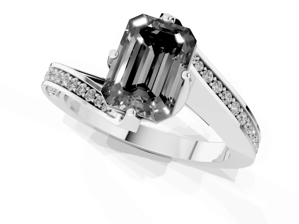 Fancy Black Emerald Cut Solitaire Diamond Twist Band with Pavé Setting and Four-Prong Setting Silver