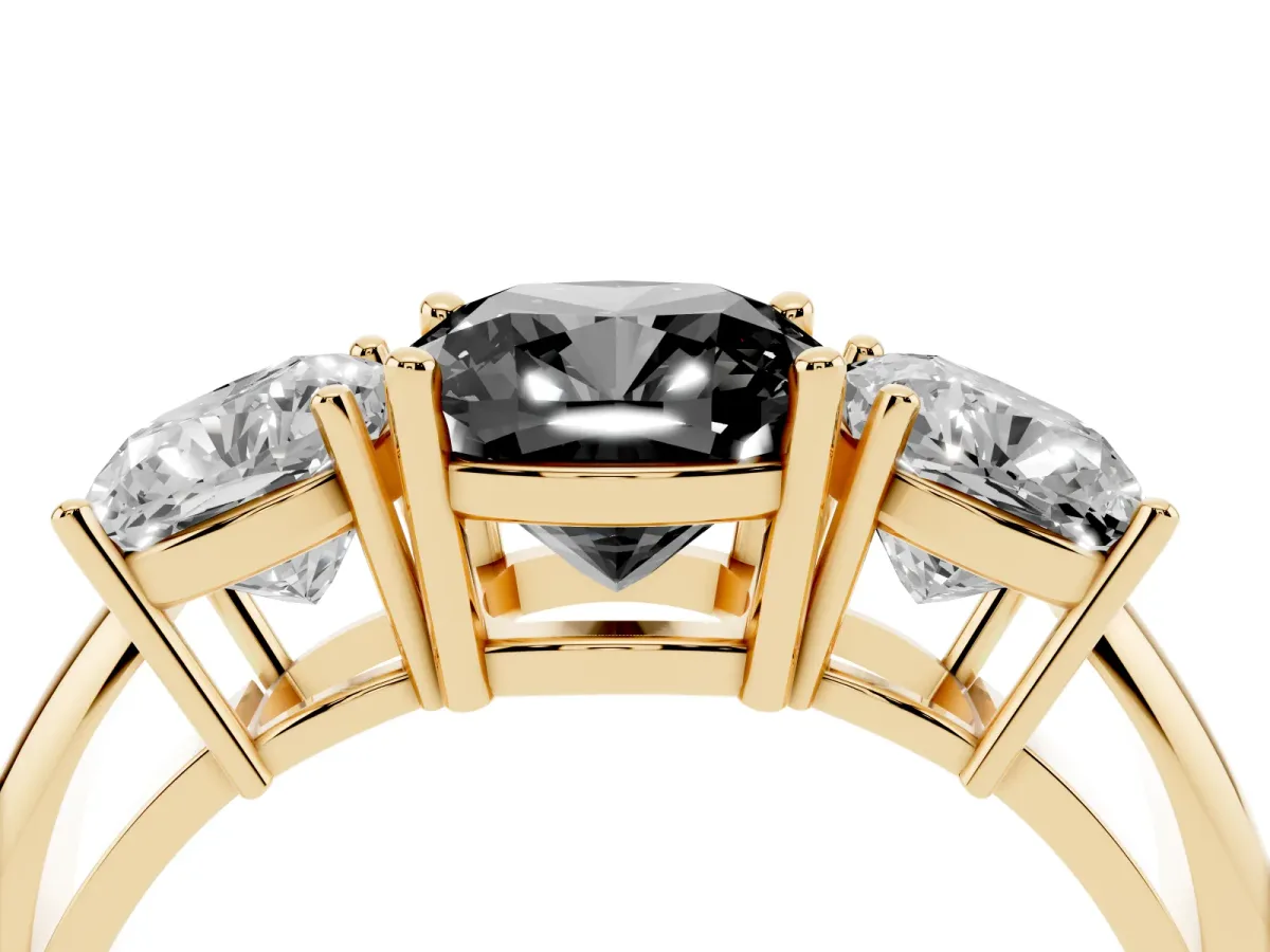 Fancy Black Three-Stone Cushion Cut Cut Diamond Engagement Ring with Prong Setting on a White Gold Band Yellow gold