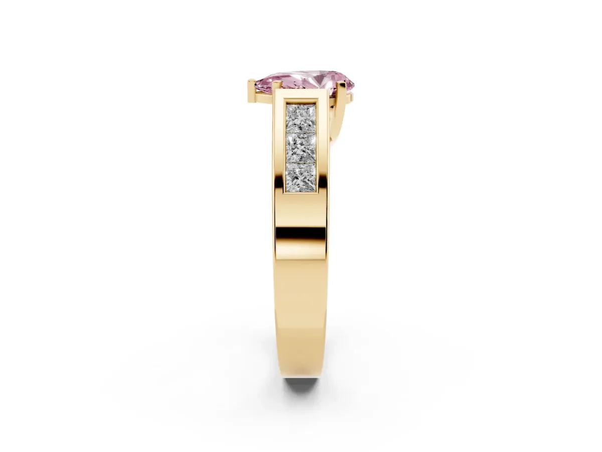Fancy Pink Pear Cut Cut Channel Set Solitaire Ring with Four-Prong Setting Yellow gold