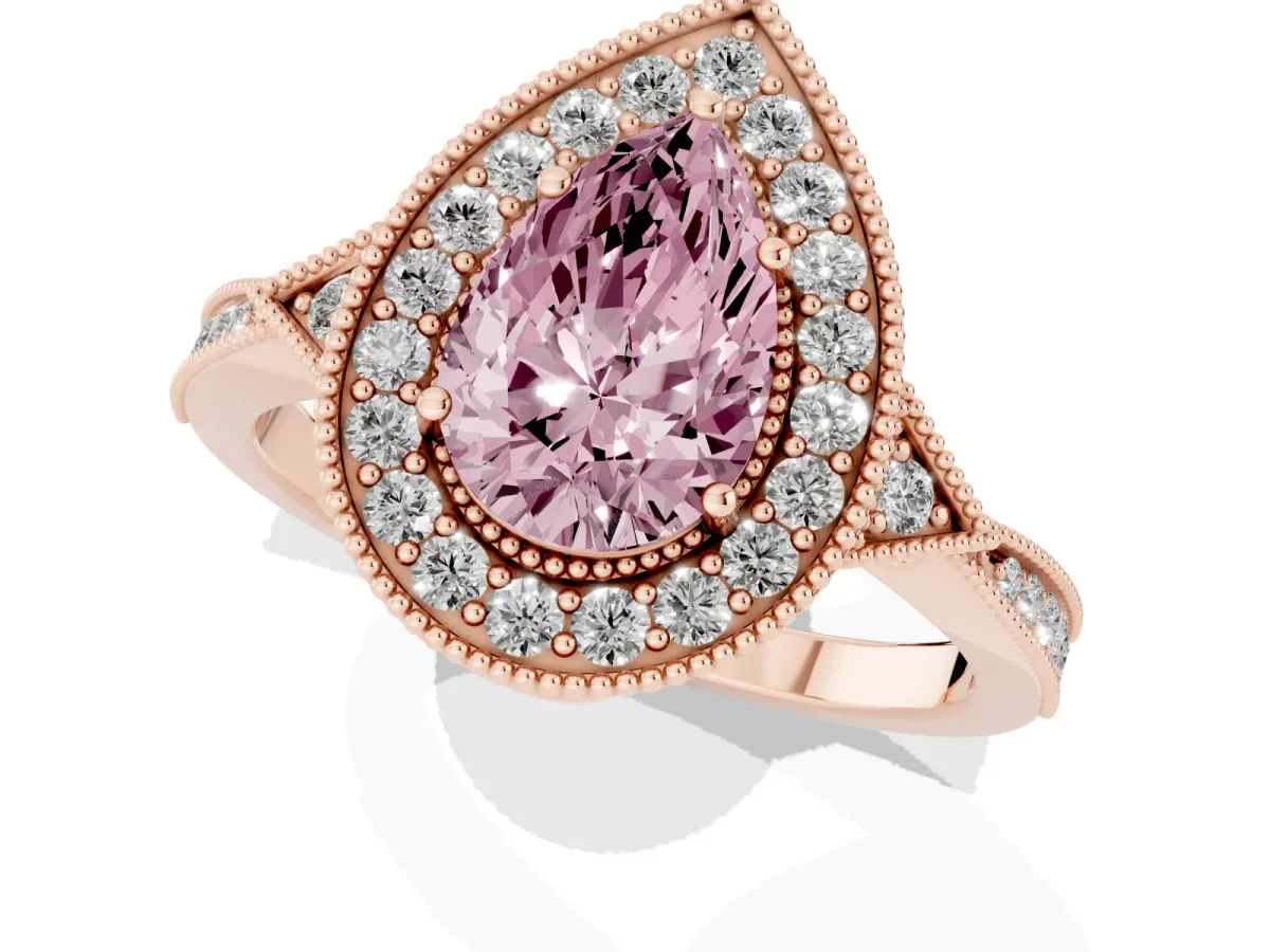 Fancy Pink Pear Cut Halo Round Diamond Milgrain Pave Engagement Ring Rose gold