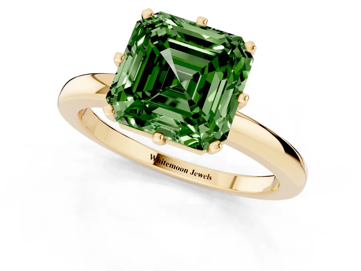 Fancy Green Asscher Cut Solitaire Diamond Ring with Six-Prong Setting on a Classic Band Yellow gold