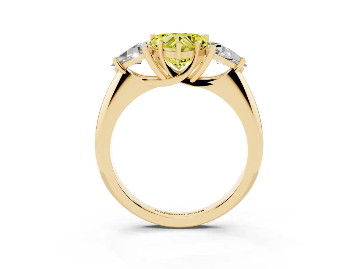 Fancy Yellow Three-Stone Heart Cut Diamond Engagement Ring with Trillion Side Stones and Prong Setting Yellow gold