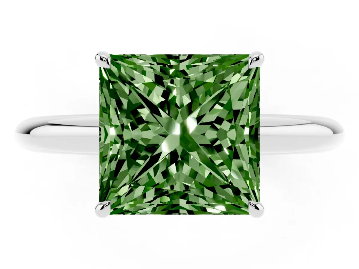 Fancy Green Princess Cut Brilliant Solitaire Engagement Ring with Six-Prong Setting and Classic Band Silver