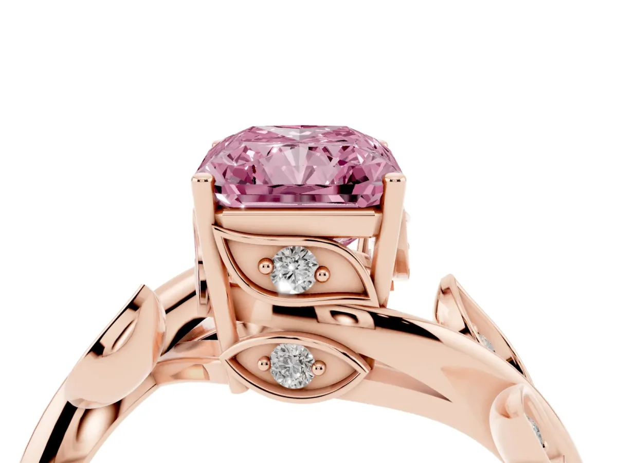 Fancy Pink Radiant Cut Solitaire Twist Engagement Ring with Leaf Accents and Prong Setting Rose gold