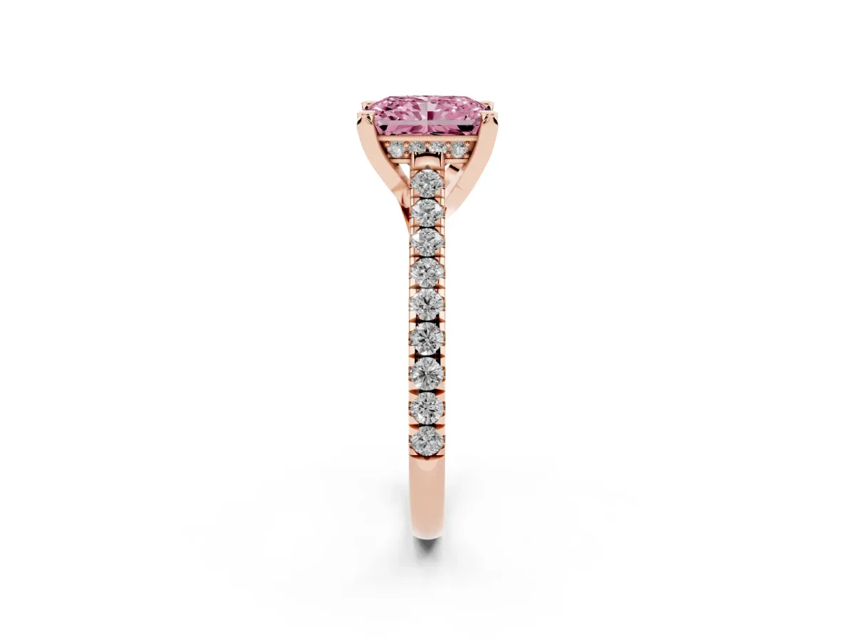 Fancy Pink Radiant Cut Brilliant Diamond Solitaire with Pavé Band and Four-Prong Setting Rose gold