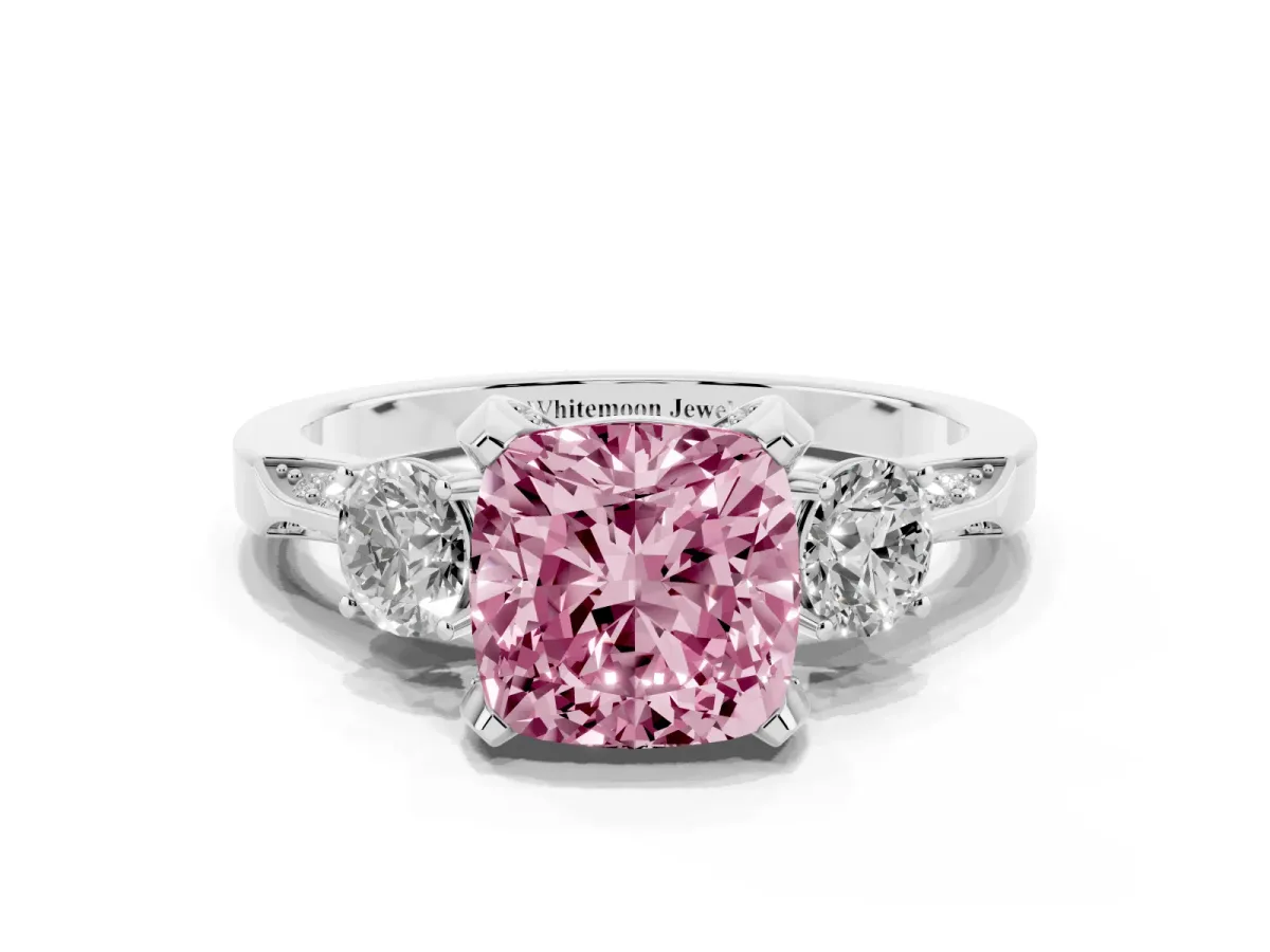 Fancy Pink Cushion Cut Brilliant Three-Stone Diamond Ring with Pavé Band and Four-Prong Setting Platinum