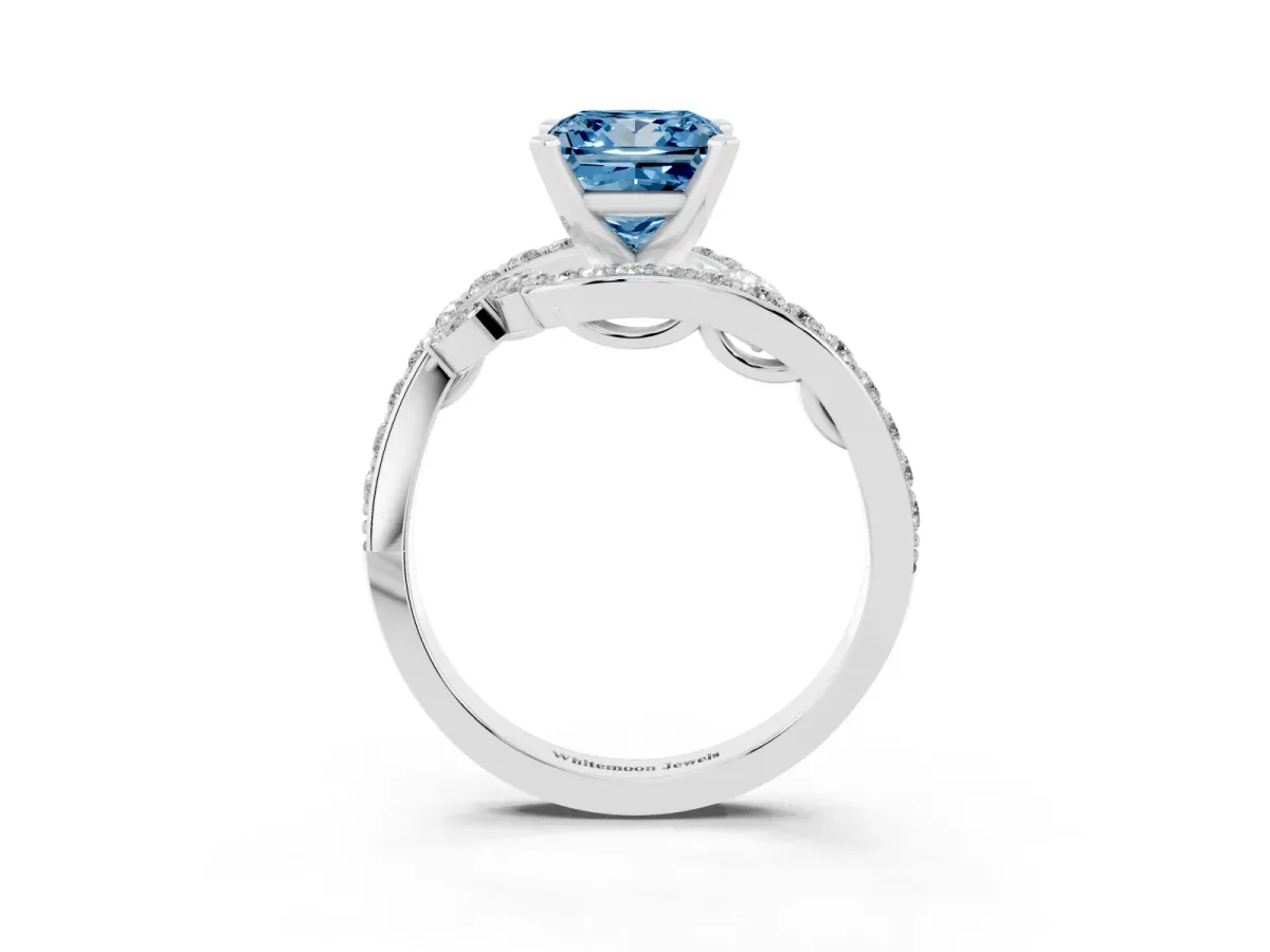 Fancy Blue Princess Cut Solitaire with Pavé Twist Band and Four-Prong Setting Platinum