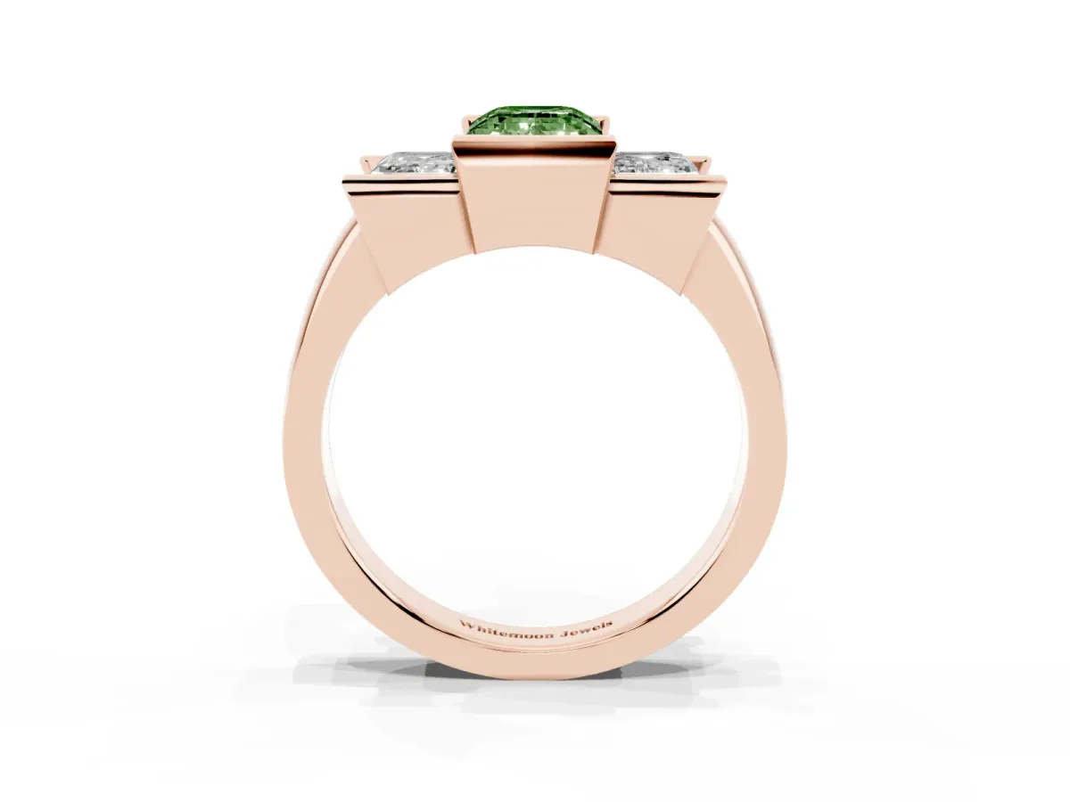 Fancy Green Three Stone Emerald Cut Cut Channel Set Diamond Ring Rose gold