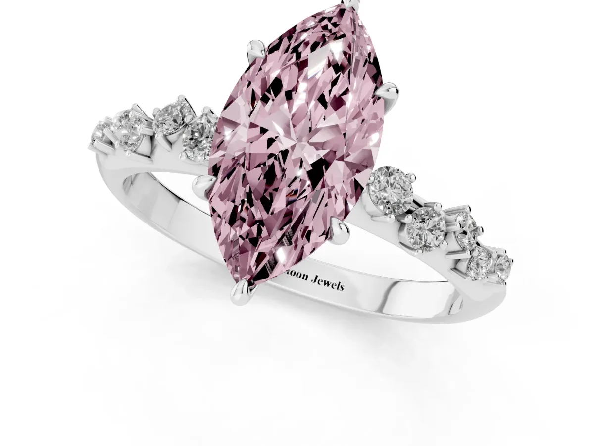 Fancy Pink Marquise Cut Diamond Cluster Side Stone Solitaire Ring with Prong Setting Silver