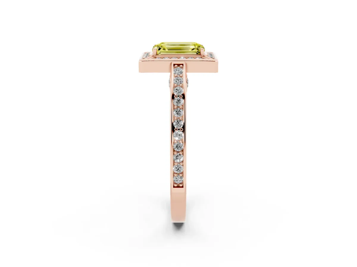 Fancy Yellow Emerald Cut Cut Halo Pave Split Shank Prong Setting Ring Rose gold