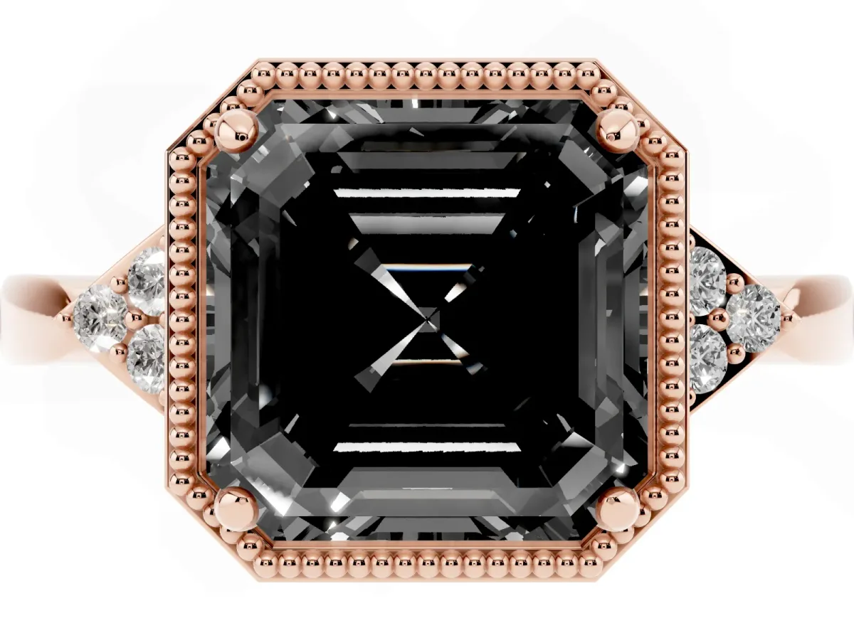 Fancy Black Hexagonal Halo Asscher Cut Diamond Solitaire with Pavé Band and Four-Prong Setting Rose gold