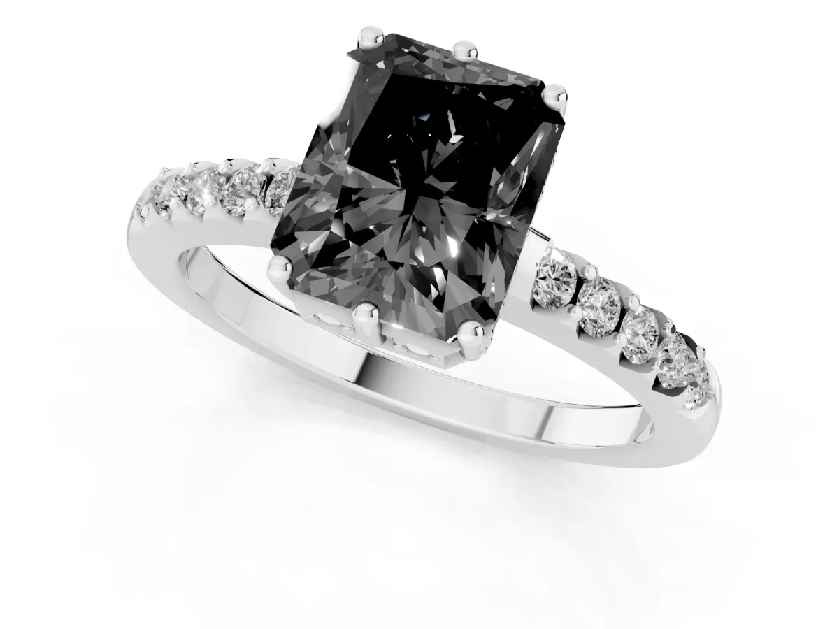 Fancy Black Radiant Cut Solitaire Diamond Engagement Ring with Pavé Band and Six-Prong Setting Silver