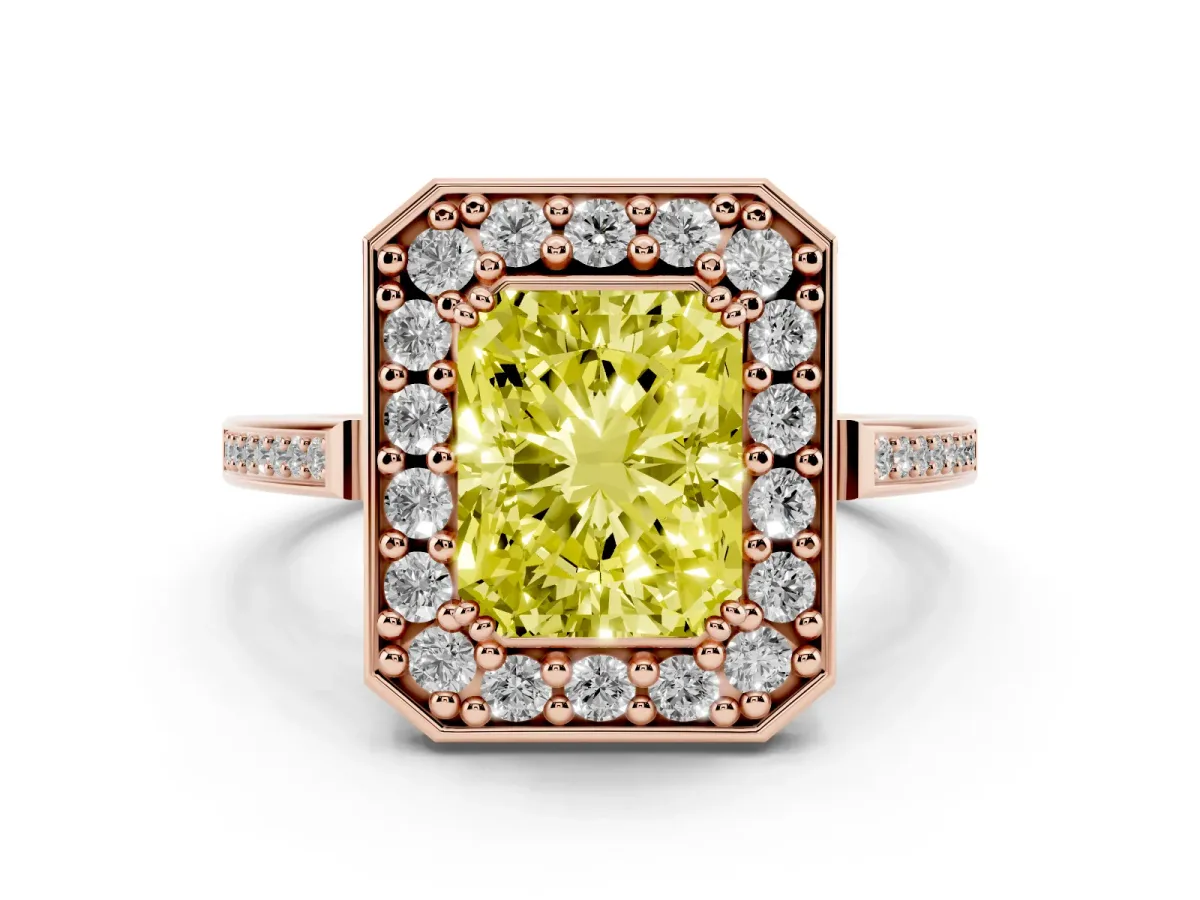 Fancy Yellow Radiant Cut Diamond Halo Ring with Split Shank and Four-Prong Setting Rose gold