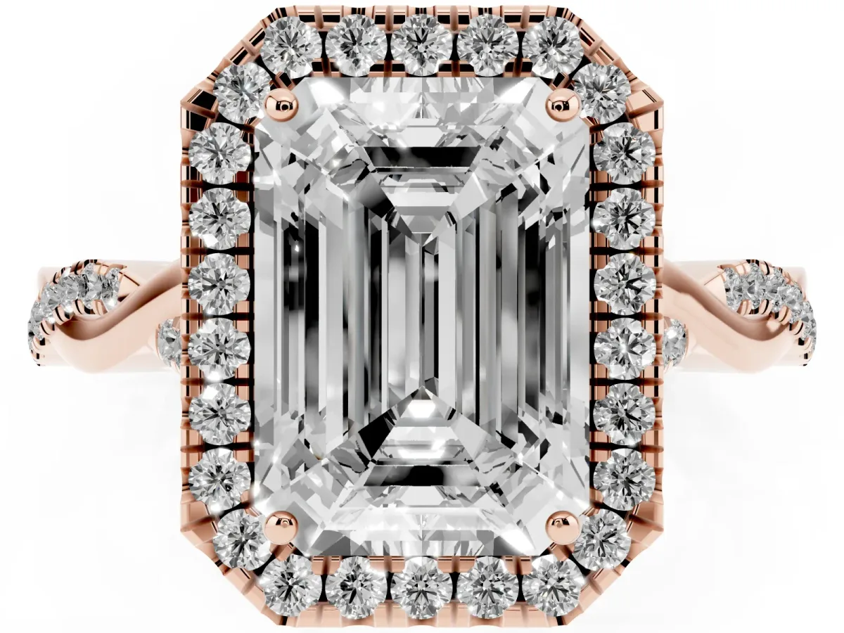 Emerald Cut Halo Twist Band Solitaire Ring Rose gold