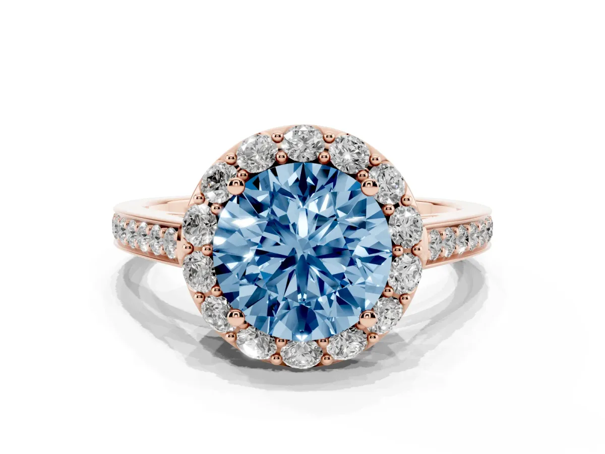 Fancy Blue Round Cut Diamond Floral Halo Ring with Pavé Band and Prong Setting Rose gold
