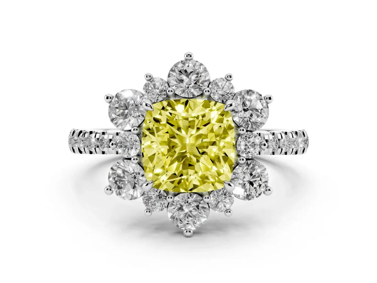 Fancy Yellow Cushion Cut Diamond Floral Halo Ring with Round Pavé Band and Prong Setting Silver
