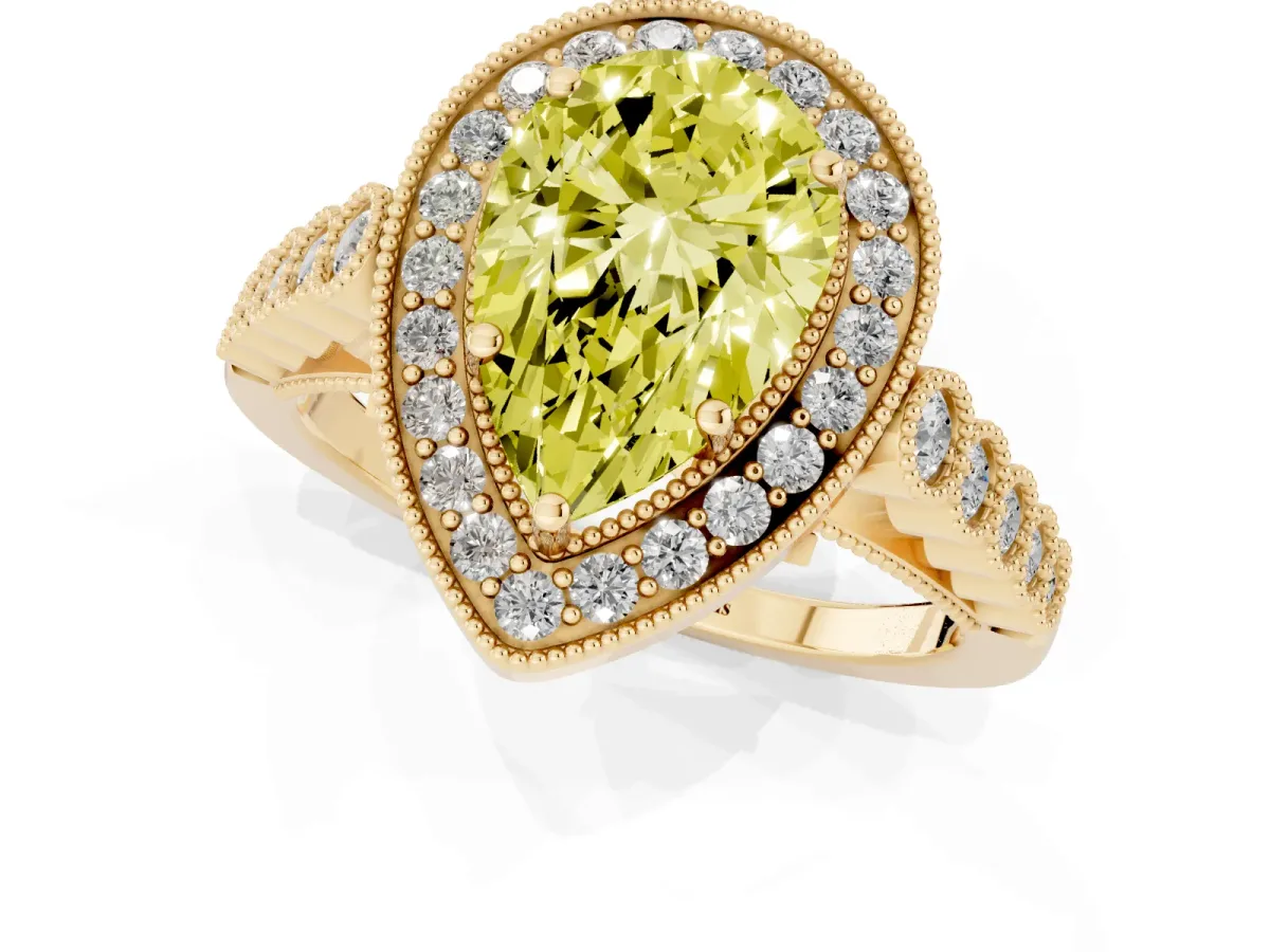 Fancy Yellow Pear Cut Halo Milgrain Solitaire with Bezel Set Side Stones and Pave Band Yellow gold