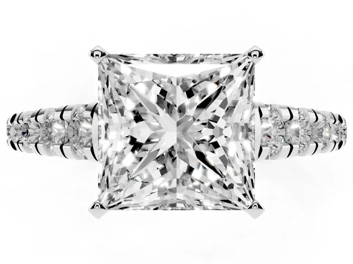 Princess Cut Diamond Cathedral Solitaire Ring with Round Pavé Band Platinum