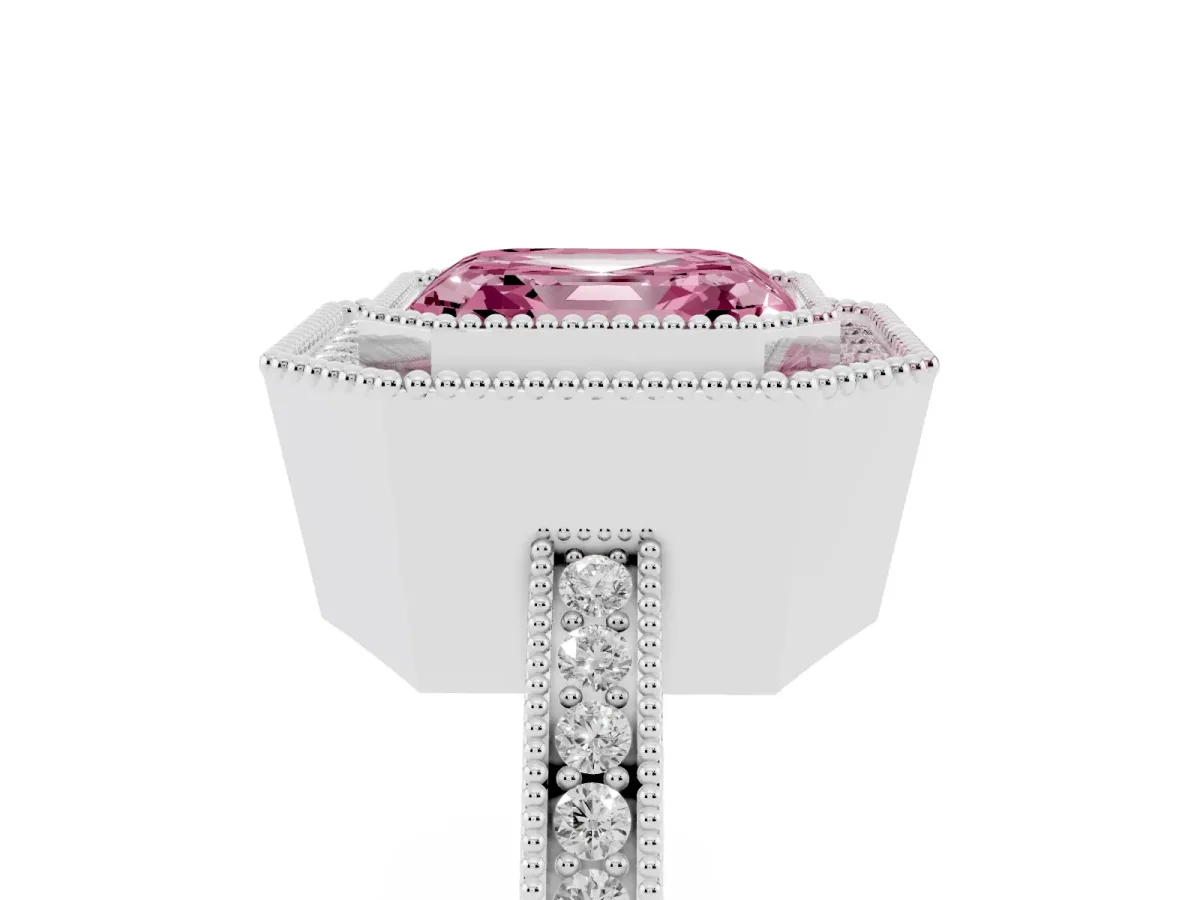 Fancy Pink Asscher Cut Cut Halo Diamond Ring with Pavé Band and Milgrain Prong Setting Silver