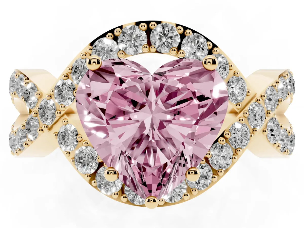 Fancy Pink Heart Cut Solitaire Twist Band Pavé Diamond Engagement Ring Yellow gold