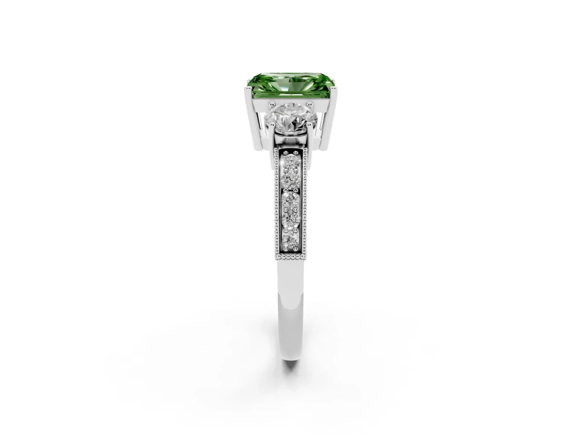 Fancy Green Radiant Cut Three-Stone Diamond Ring with Pavé Band and Four-Prong Setting Silver