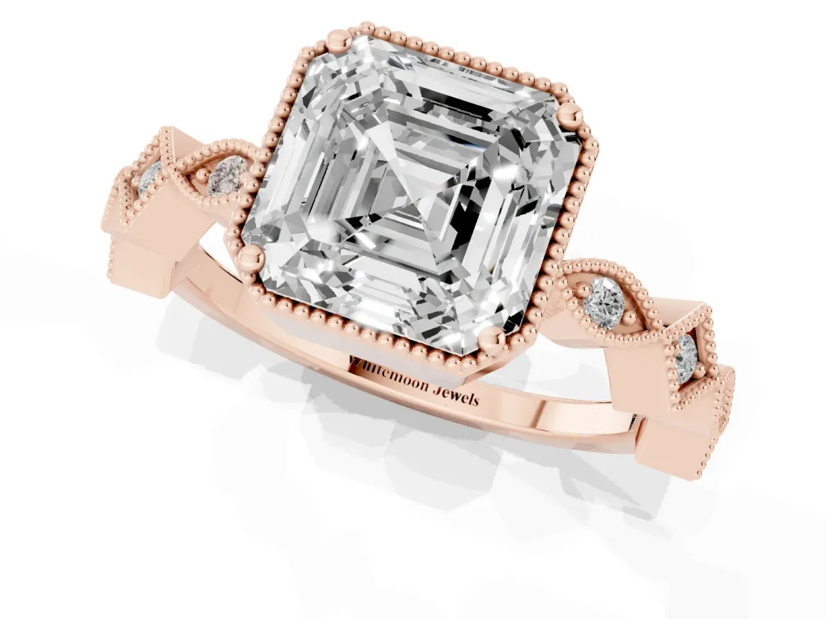 Asscher Cut Milgrain Marquise Diamond Twist Band Ring Rose gold