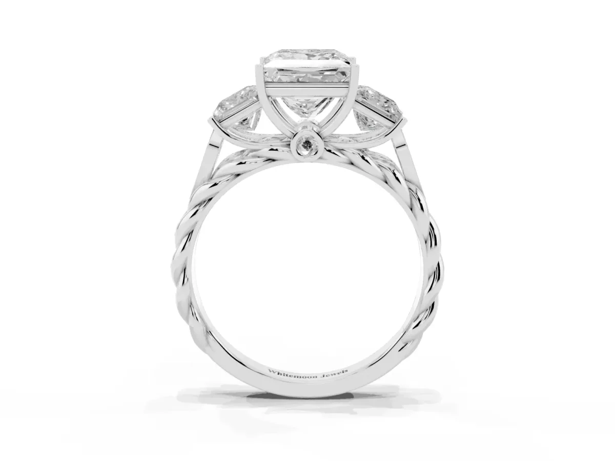 Three-Stone Princess Cut Diamond Braided Band Ring with Four-Prong Setting Platinum