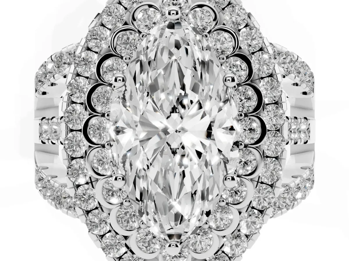 Marquise Cut Diamond Double Halo Ring with Round Pavé Split Shank and Prong Setting Silver