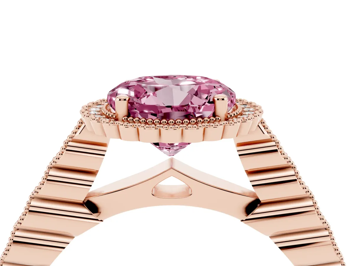 Fancy Pink Round Cut Cut Halo Pavé Solitaire Ring with Milgrain Band Rose gold