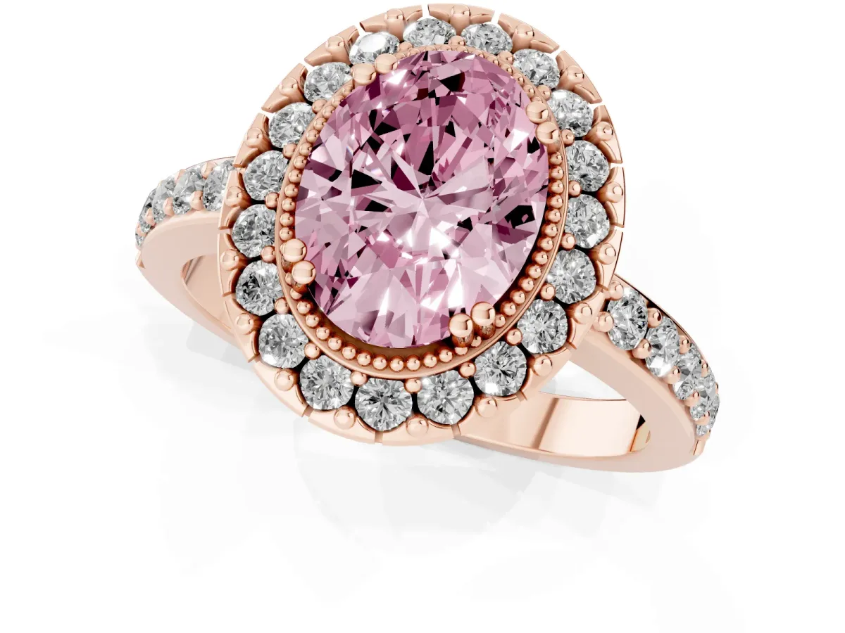Fancy Pink Oval Cut Diamond Halo Ring with Pavé Band and Prong Setting Rose gold