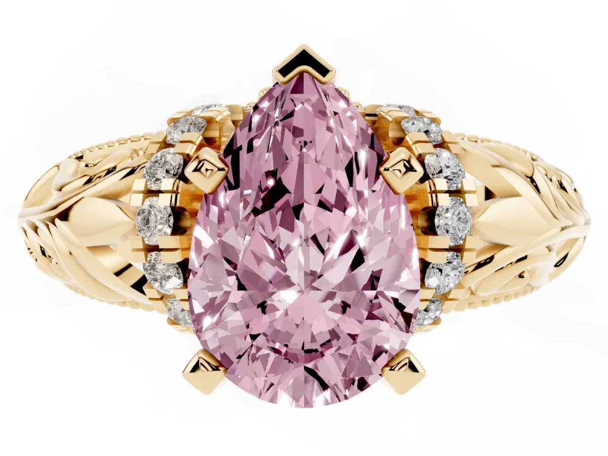Fancy Pink Pear Cut Solitaire Filigree Engagement Ring with Halo and Prong Setting Yellow gold