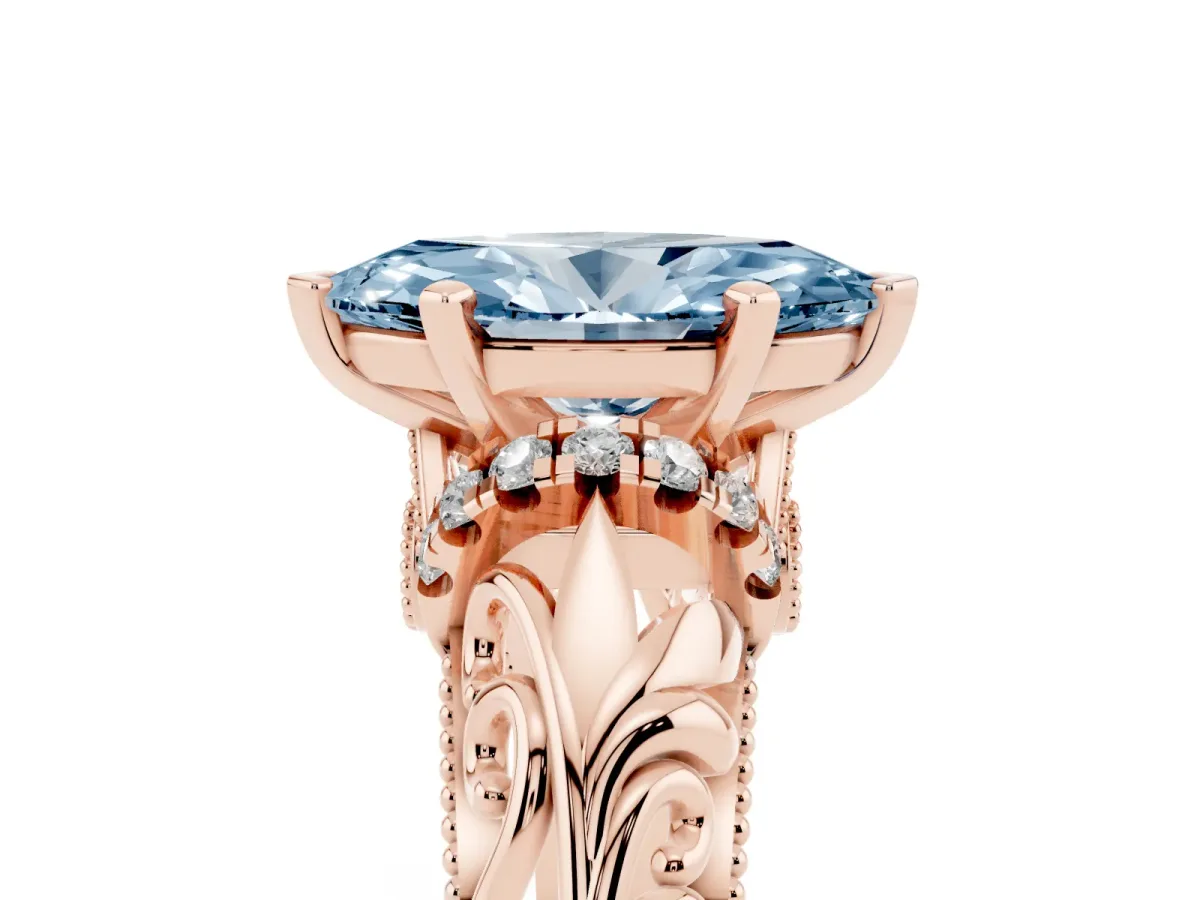 Fancy Blue Marquise Cut Solitaire Filigree Engagement Ring with Halo and Prong Setting Rose gold