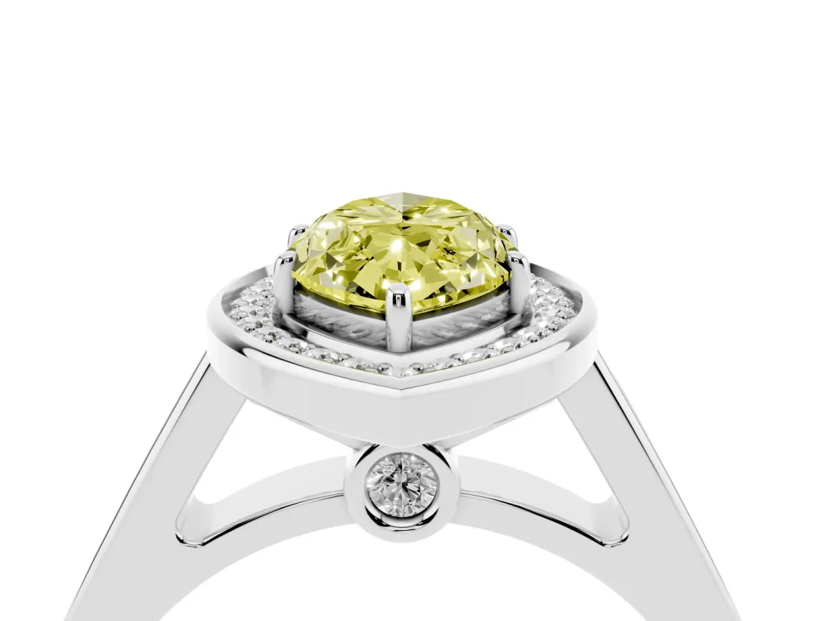 Fancy Yellow Marquise Cut Halo Solitaire Diamond Ring with Pave Band and Bezel Setting White gold