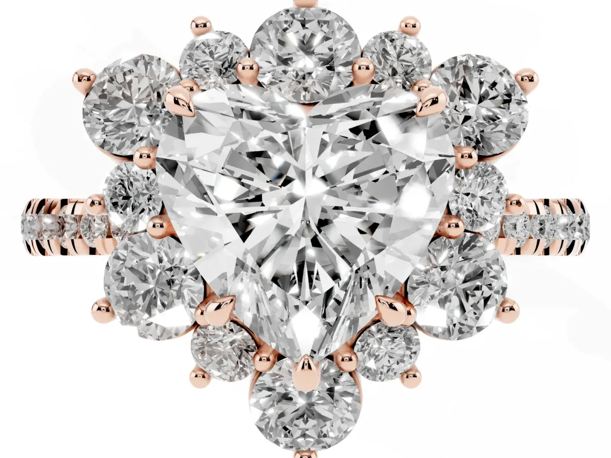 Heart Cut Diamond Floral Halo Ring with Round Pavé Band and Prong Setting Rose gold