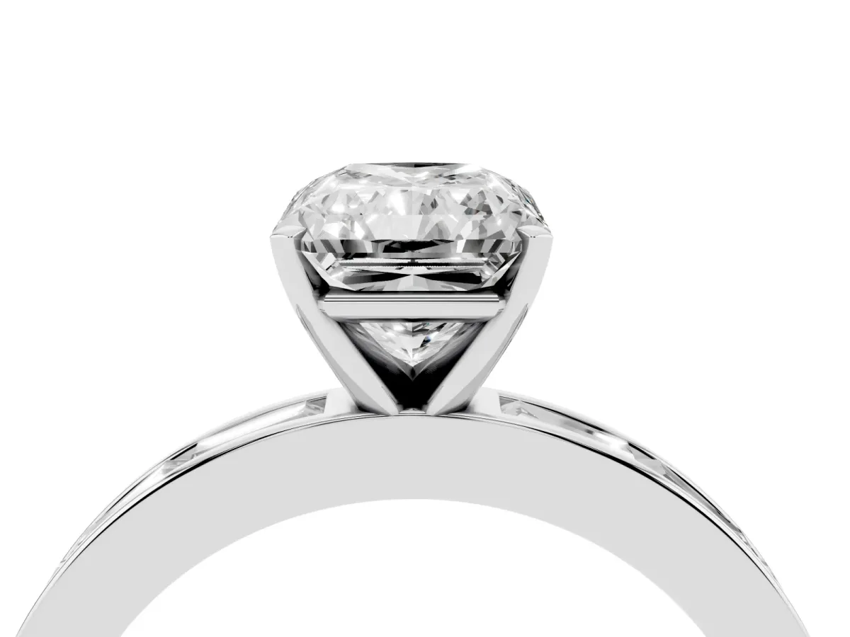 Radiant Cut Solitaire Diamond Ring with Channel-Set Baguette Band and Four-Prong Setting White gold