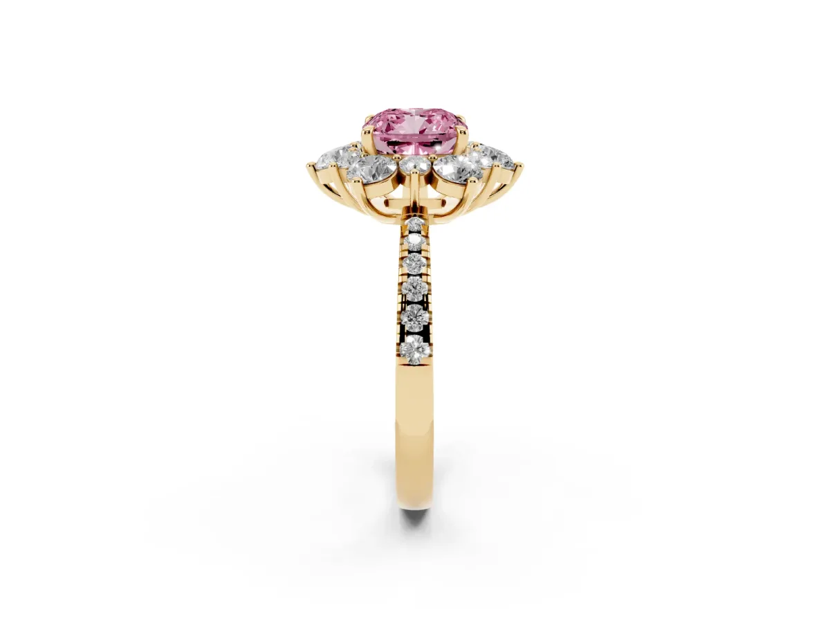 Fancy Pink Cushion Cut Diamond Floral Halo Ring with Round Pavé Band and Prong Setting Yellow gold