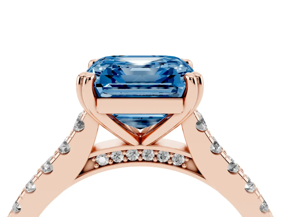 Fancy Blue Asscher Cut Solitaire Pave Diamond Engagement Ring with Prong Setting Rose gold