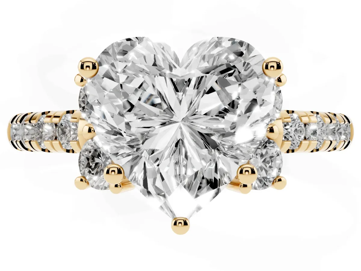 Heart Cut Diamond Three-Stone Pave Band with Four-Prong Setting Yellow gold