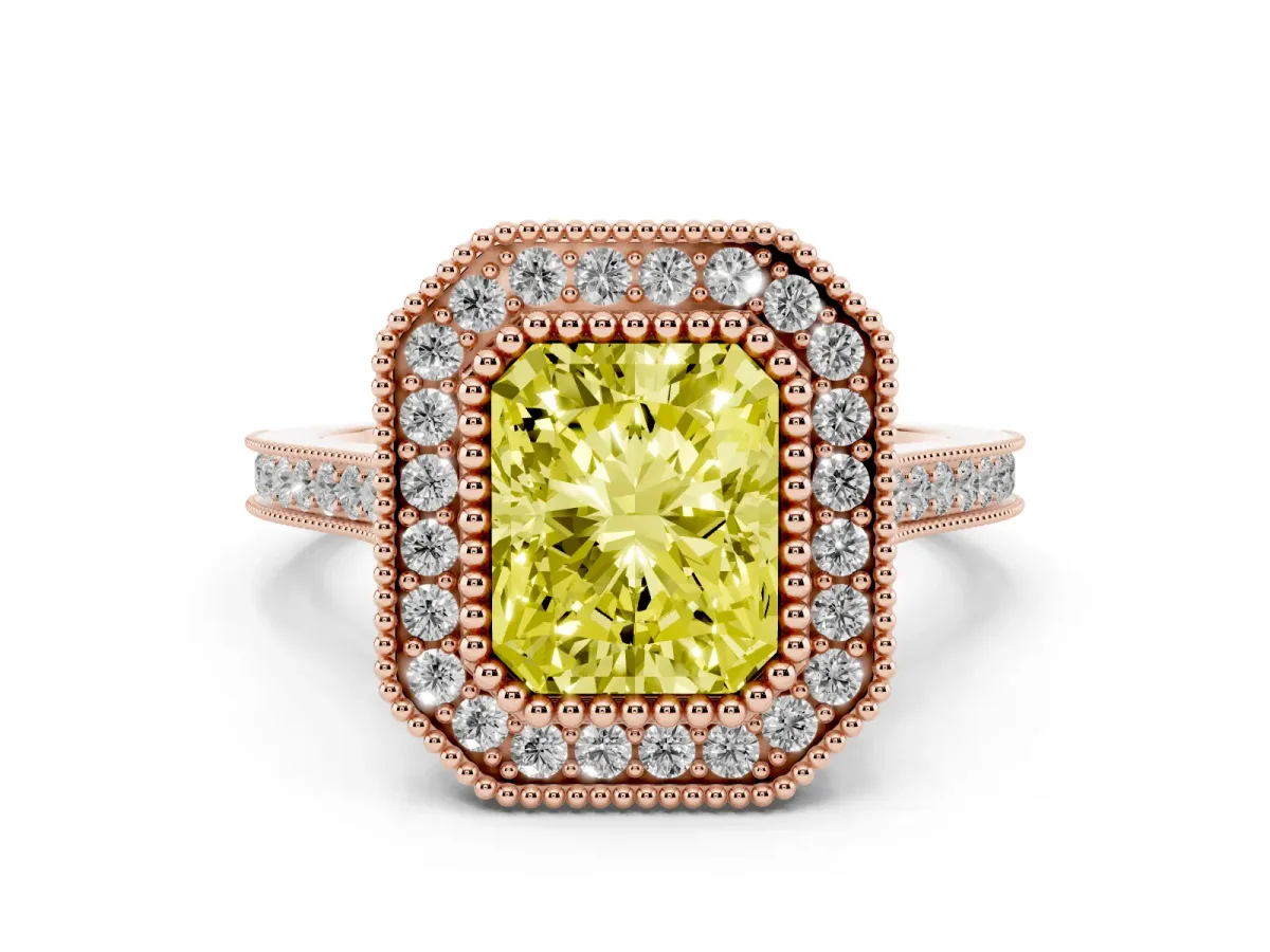 Fancy Yellow Radiant Cut Diamond Halo Ring with Milgrain Frame and Pavé Band Rose gold