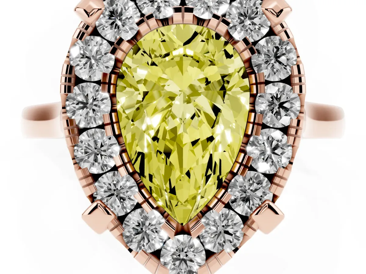 Fancy Yellow Pear Cut Diamond Cluster Halo Solitaire with Four-Prong Setting Rose gold