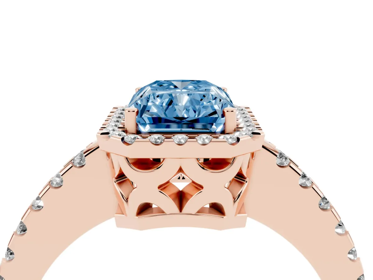 Fancy Blue Radiant Cut Diamond Halo Engagement Ring with Pavé Band and Prong Setting Rose gold