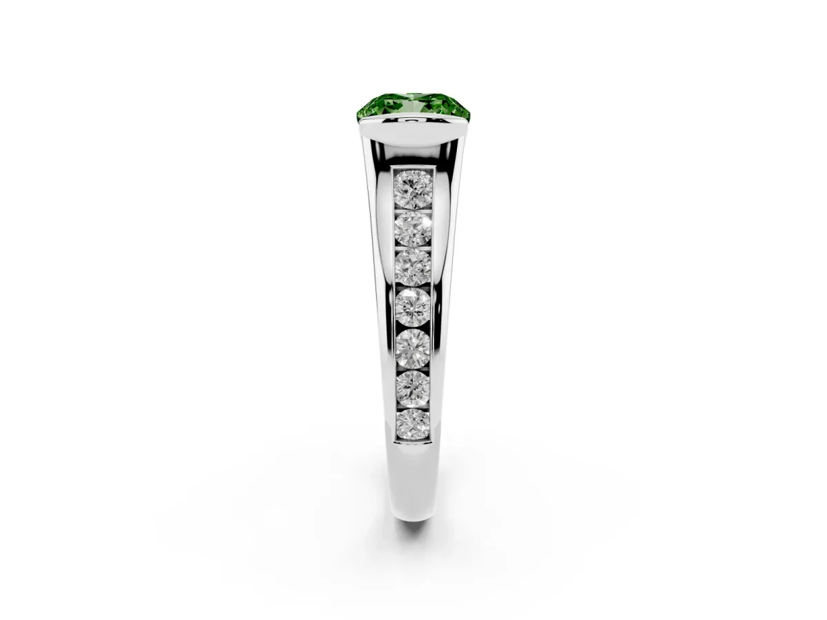 Fancy Green Cushion Cut Solitaire Bezel-Set Diamond Ring with Channel-Set Band Silver