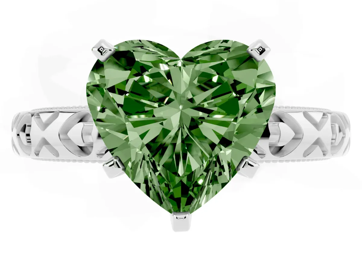 Fancy Green Heart Cut Solitaire Diamond Engagement Ring with XO Engraved Band and Four-Prong Setting Silver