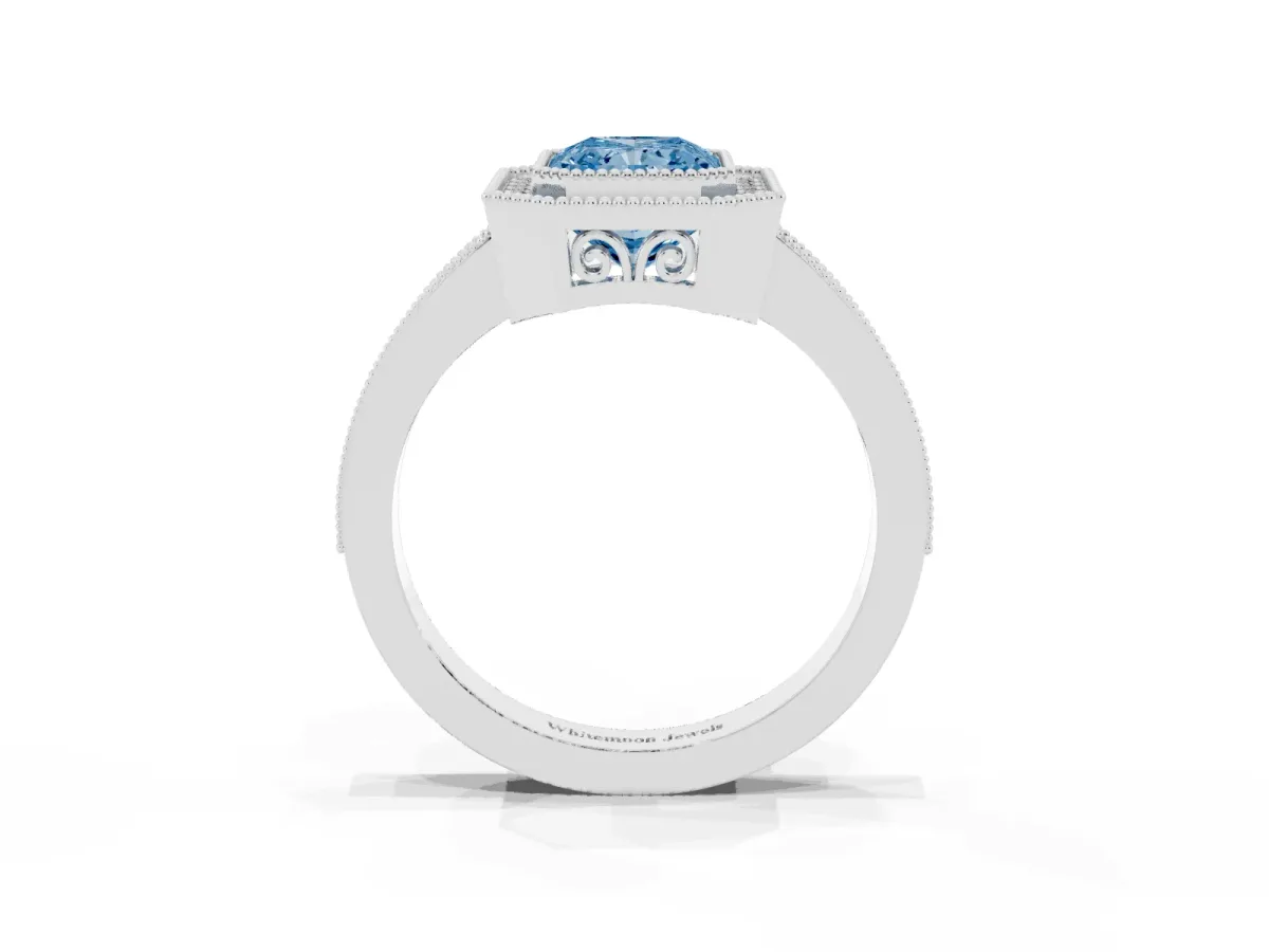 Fancy Blue Radiant Cut Cut Halo Diamond Ring with Pavé Band and Milgrain Prong Setting Platinum