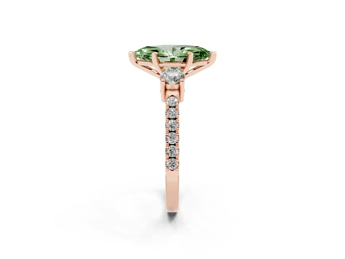 Fancy Green Marquise Cut Three-Stone Diamond Pavé Band with Prong Setting Rose gold
