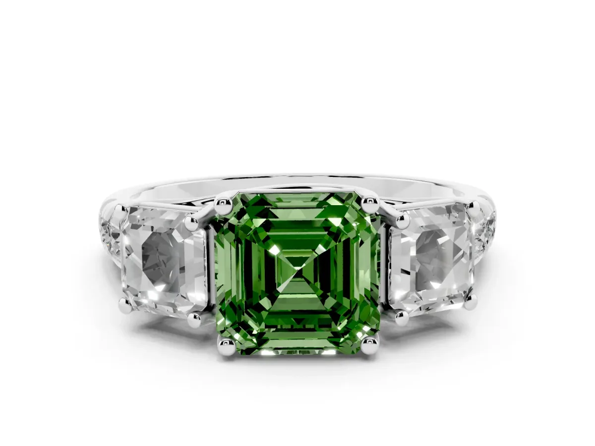 Fancy Green Three-Stone Asscher Cut Diamond Pavé Band with Prong Setting Platinum