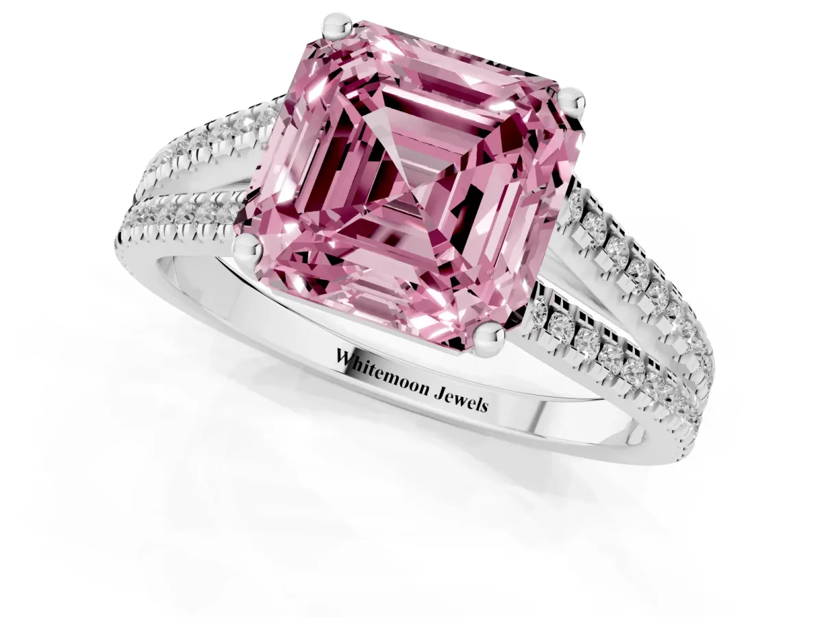 Fancy Pink Asscher Cut Diamond Solitaire Engagement Ring with Split Shank Pavé Band Platinum